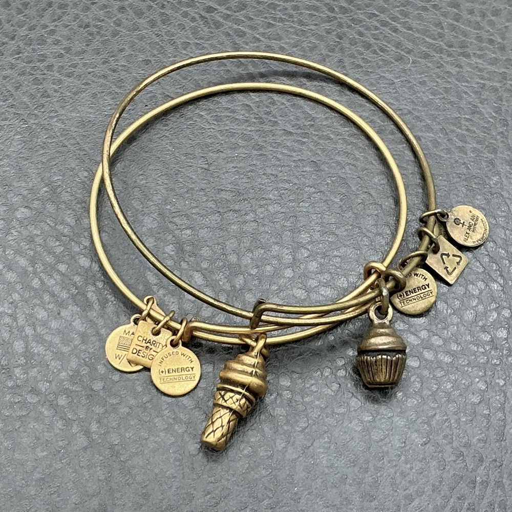 Alex And Ani Bracelet Gold Tone Ice Cream Cupcake Charm Bangle Womens 7 In Set 2